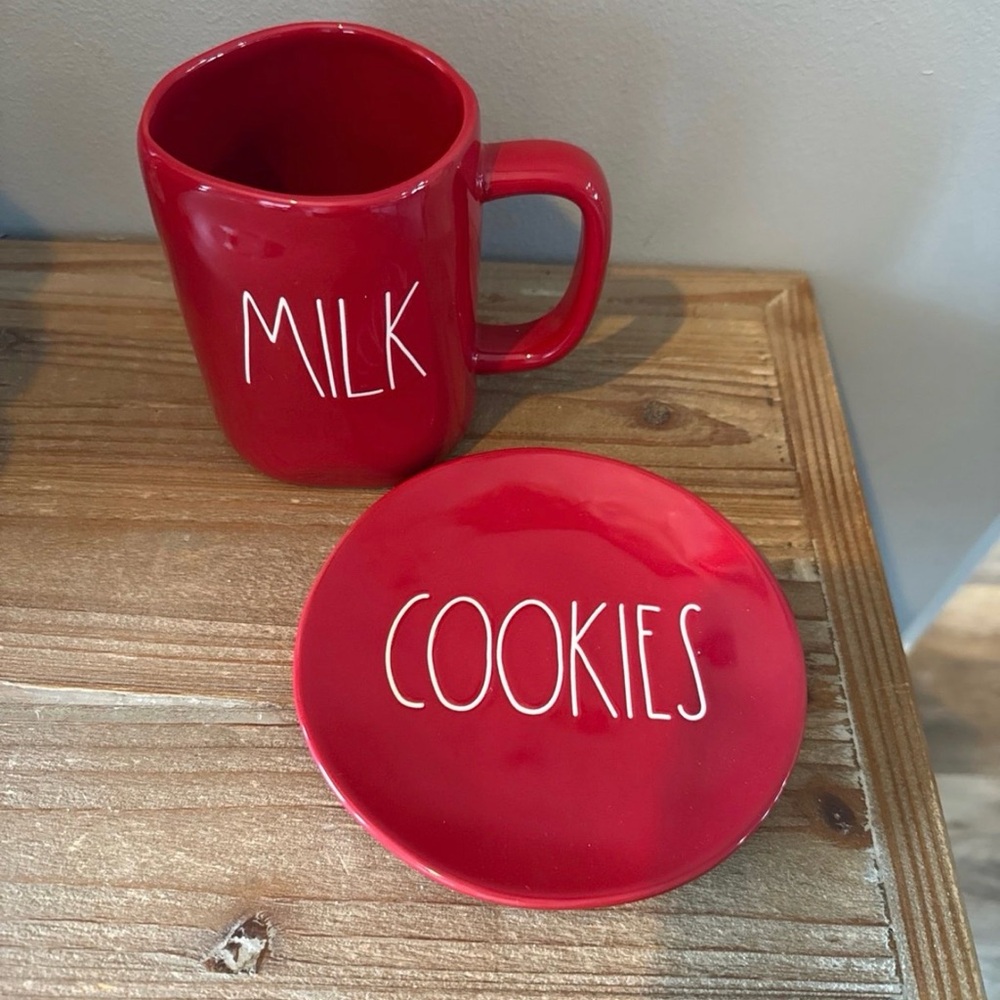 Rae Dunn Red "Milk" Mug and "Cookies" Plate - Ceramic Snack Set